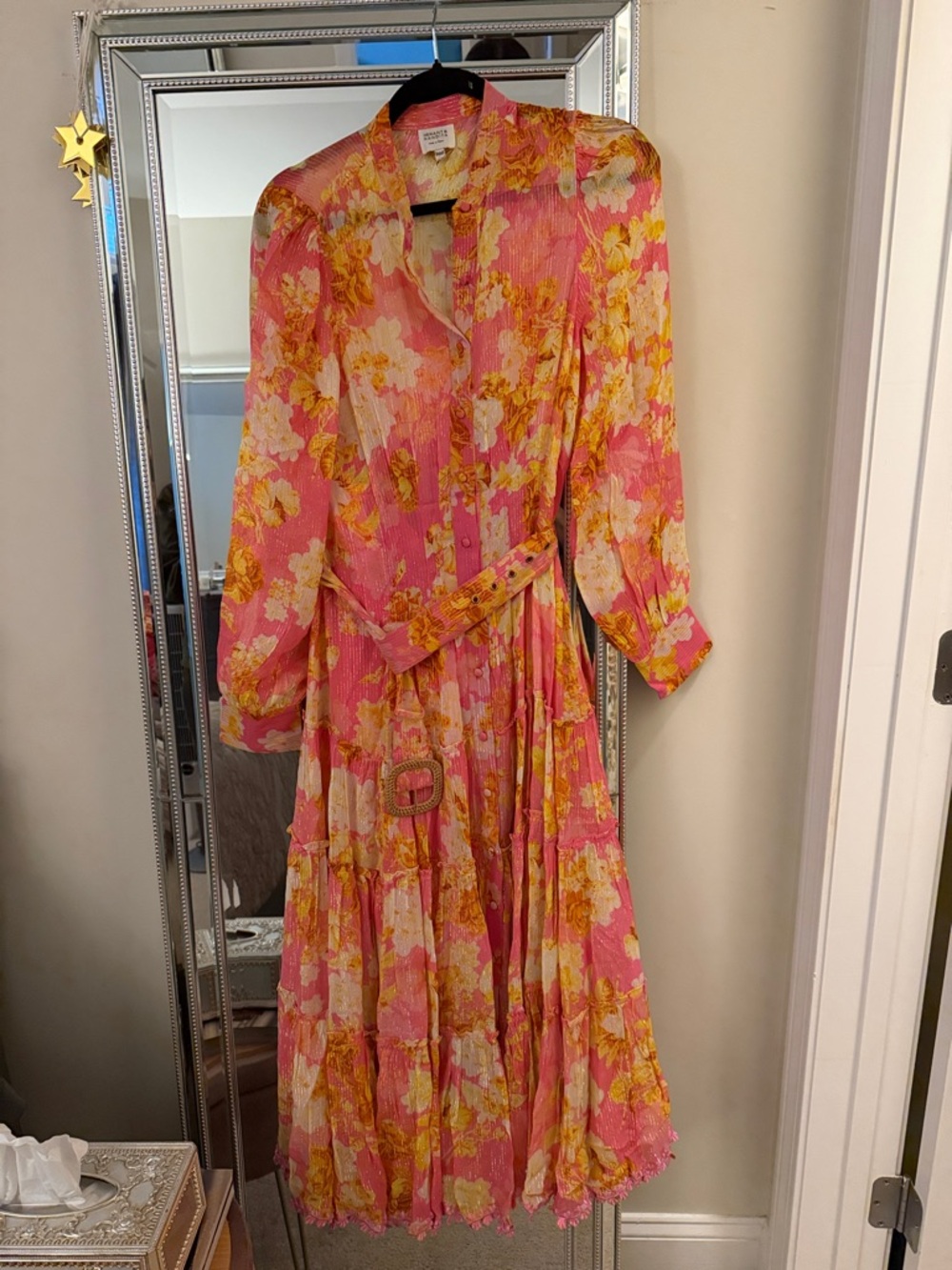 Hemant & Nandita Pink & Yellow Floral Button-Front Midi Dress with Belt